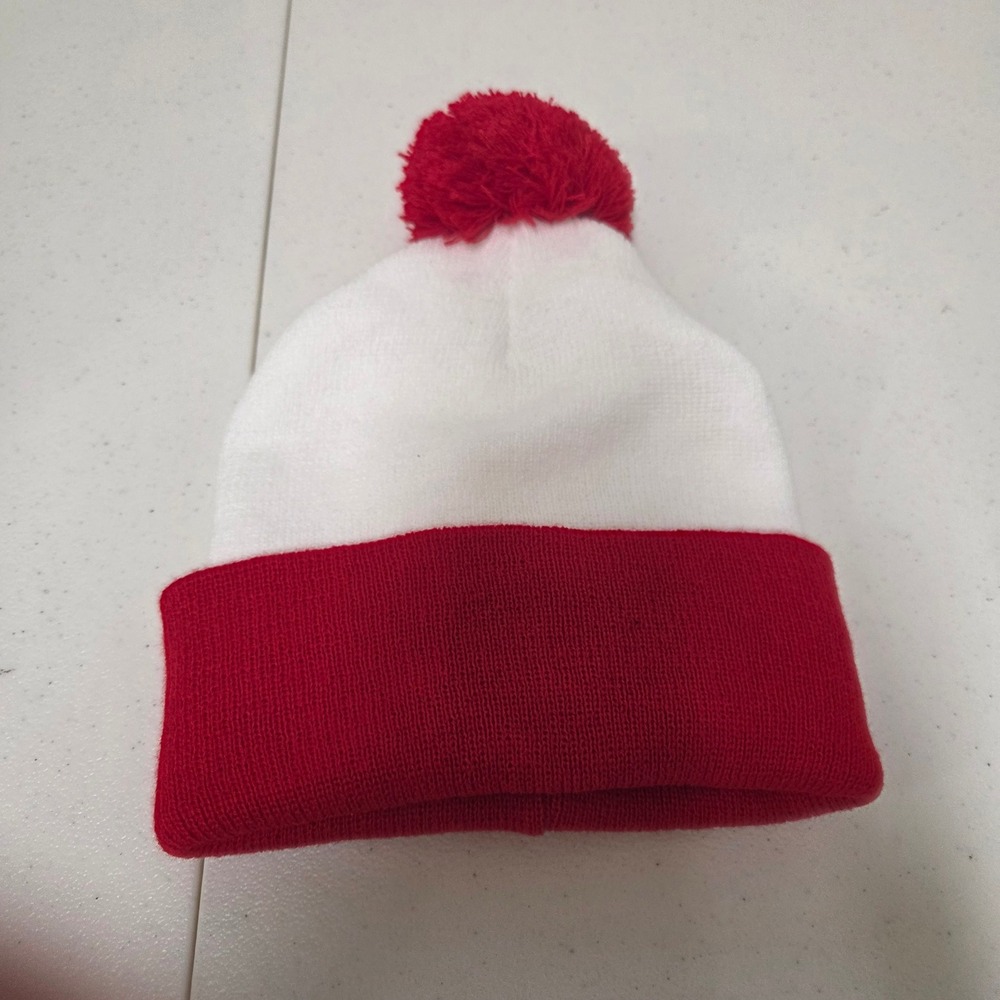 Red and White Cuffed Pom Pom Beanie Knit Winter Hat Waldo Costume Accessory